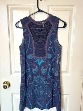 Free People Navy & Teal Sleeveless Lace-Yoke Mini Dress